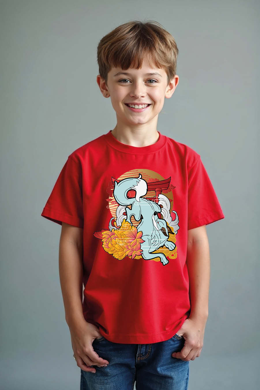 Mythical Fox Kitsune with Red Torii Gate and Flowers Graphic T-Shirt Everyday