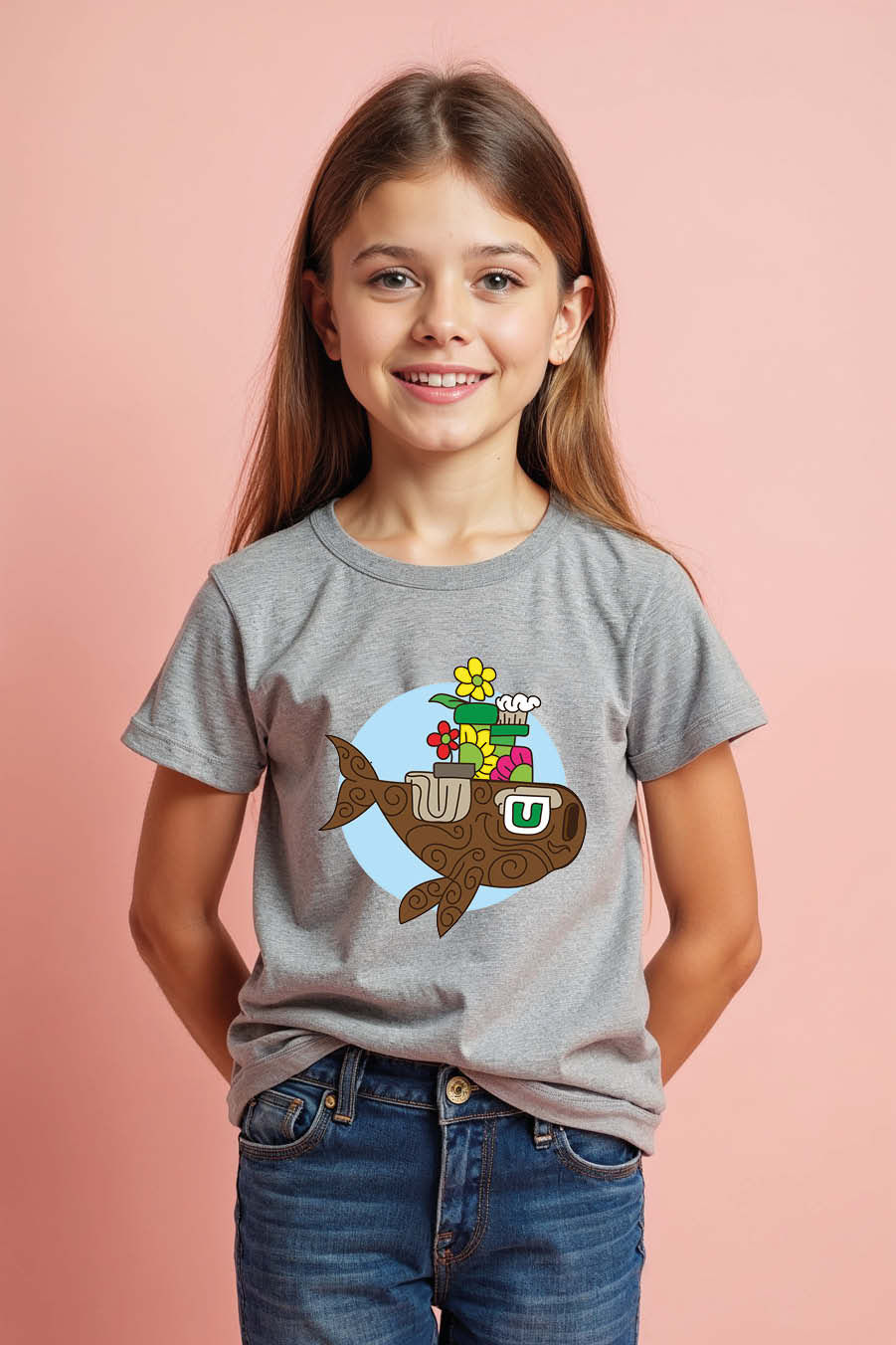 Thumbnail: Cartoon Whale Island Graphic Modern Typography Print T-Shirt for Kids
