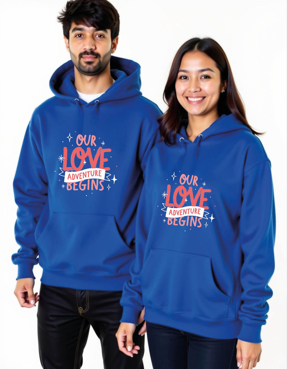 Thumbnail: our love adventure begins Urban Printed Graphic Couple Hoodies