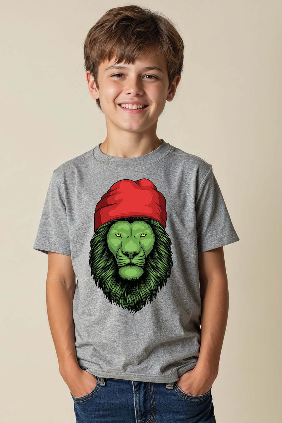 Thumbnail: Green Lion with Red Beanie Graphic T-Shirt Cute Trendy Printed Tee for Kids