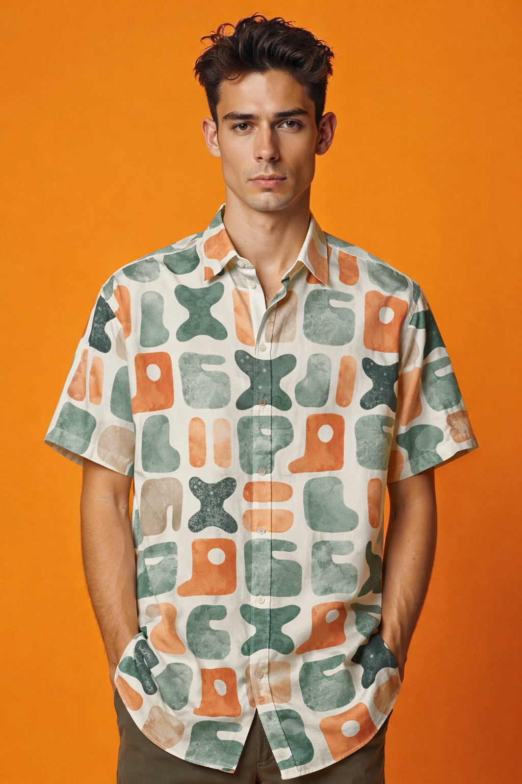 Abstract pattern fashion portrait in studio Patterned Shirt with Bold AOP Design