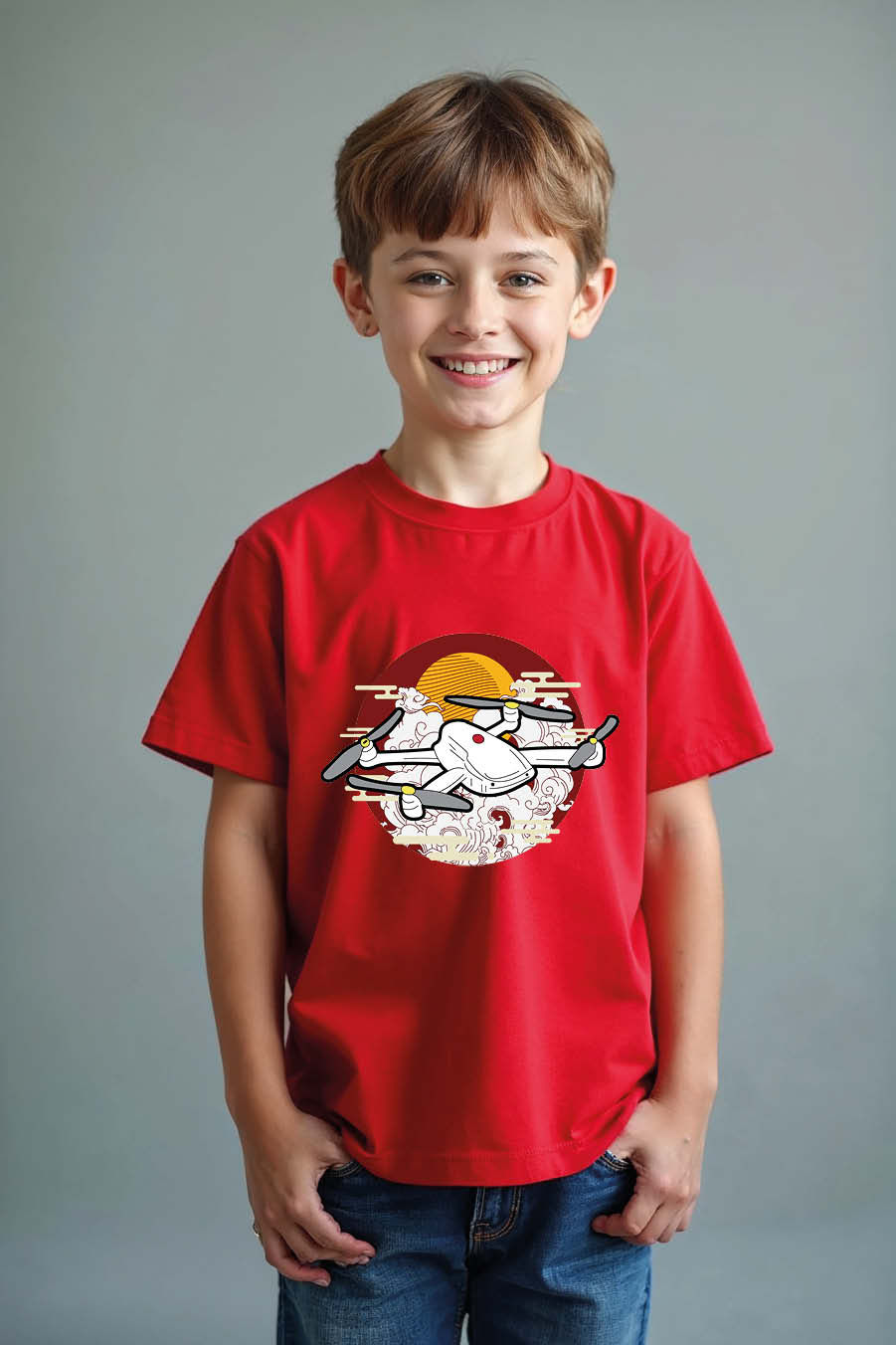 Thumbnail: White Drone and Japanese Art Style Graphic Colorful Casual Kids Printed T-Shirt