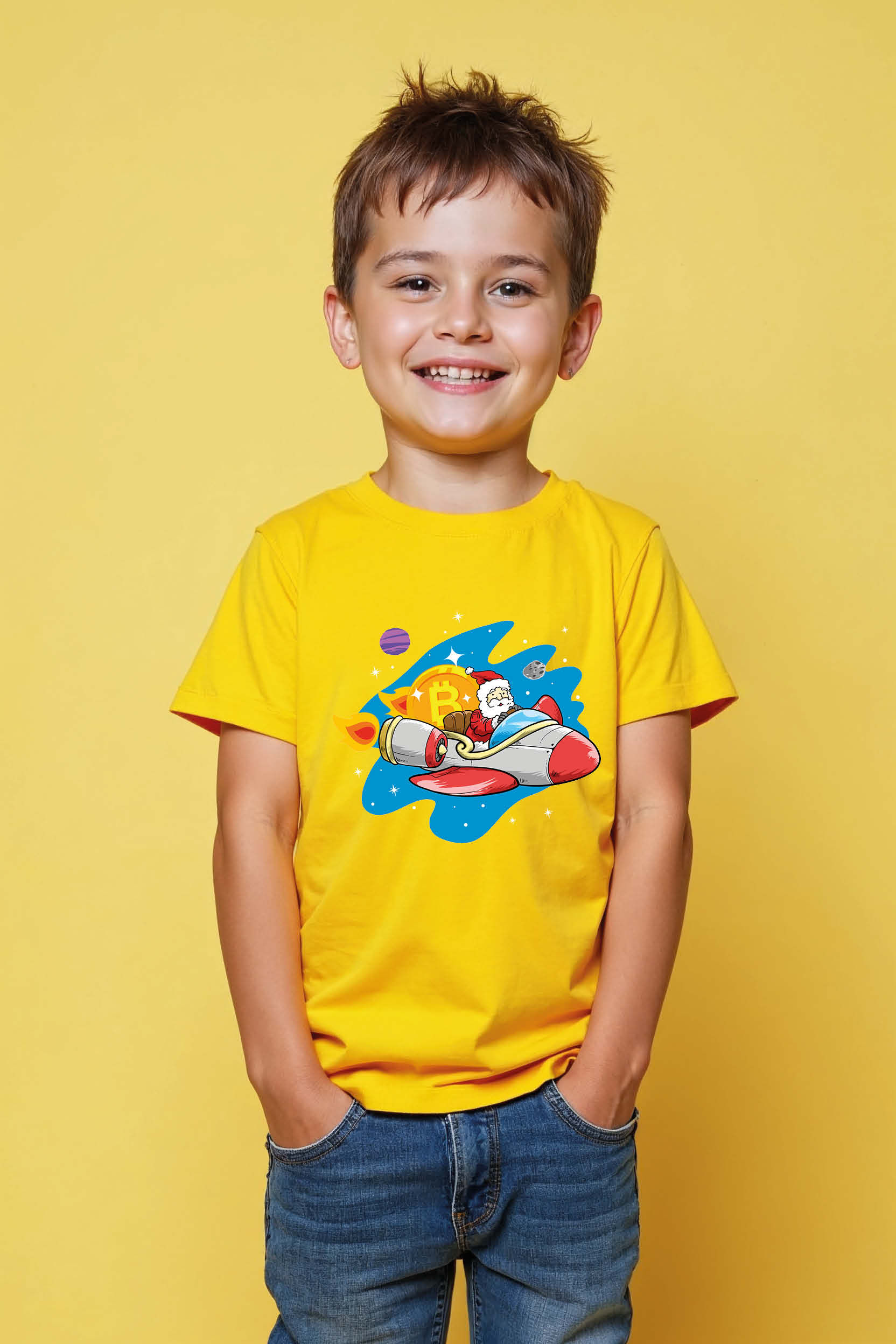 Santa Rocket Ride Graphic Kids T-Shirt – Festive Space Adventure Tee for Boys &