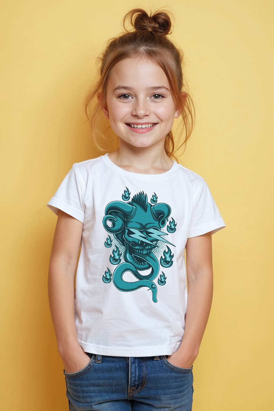Snake & Skull Graphic T-Shirt – Teal Snake Wrapped Around Punk Skull with Flames