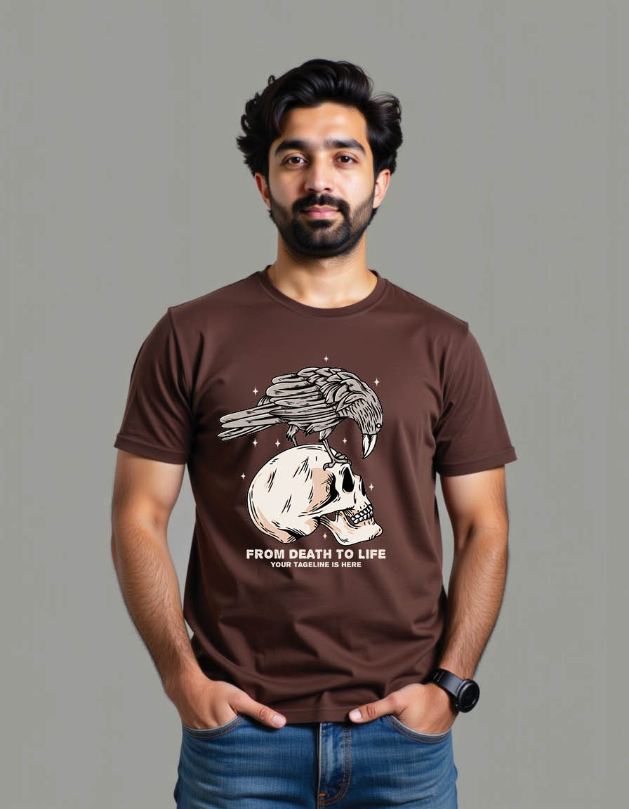 Thumbnail: skull head with raven bird his head mens printed graphi t shirt