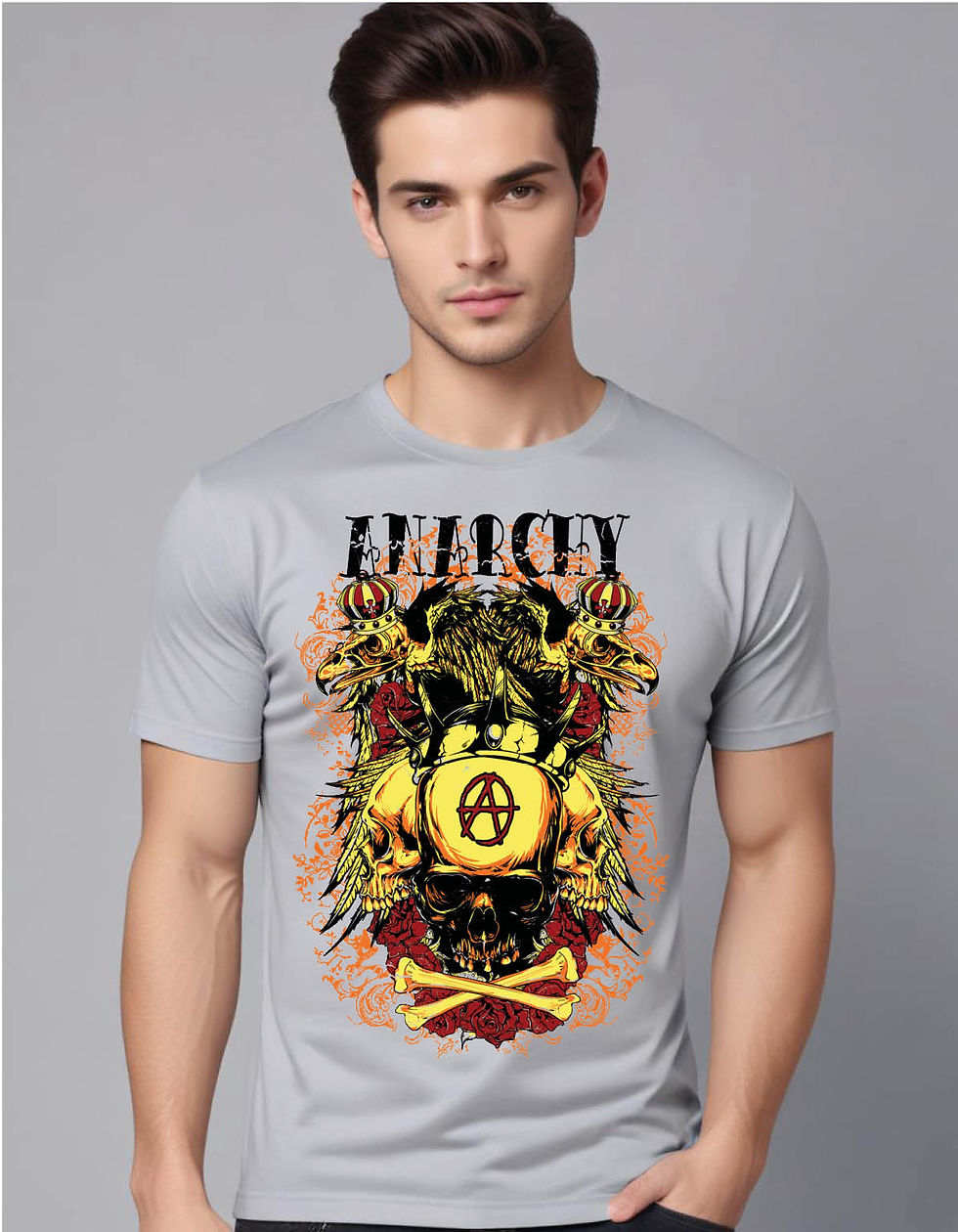 Thumbnail: anarchy marked skull with crowned bird skeletons mens printed graphic t shirt