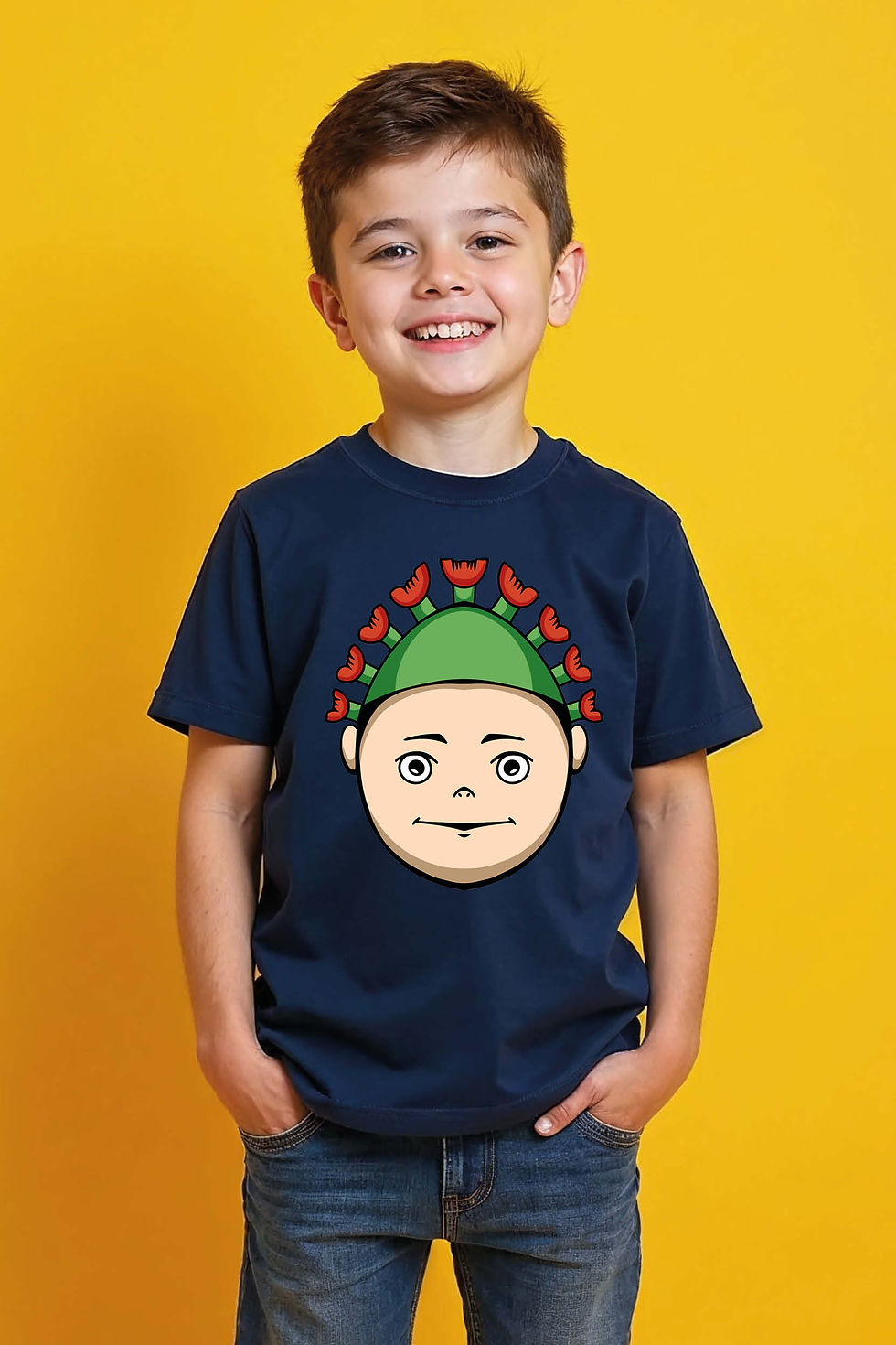 Thumbnail: Neutral-Faced Cartoon with Corona Virus-Like Hat Graphic Modern Kids Printed