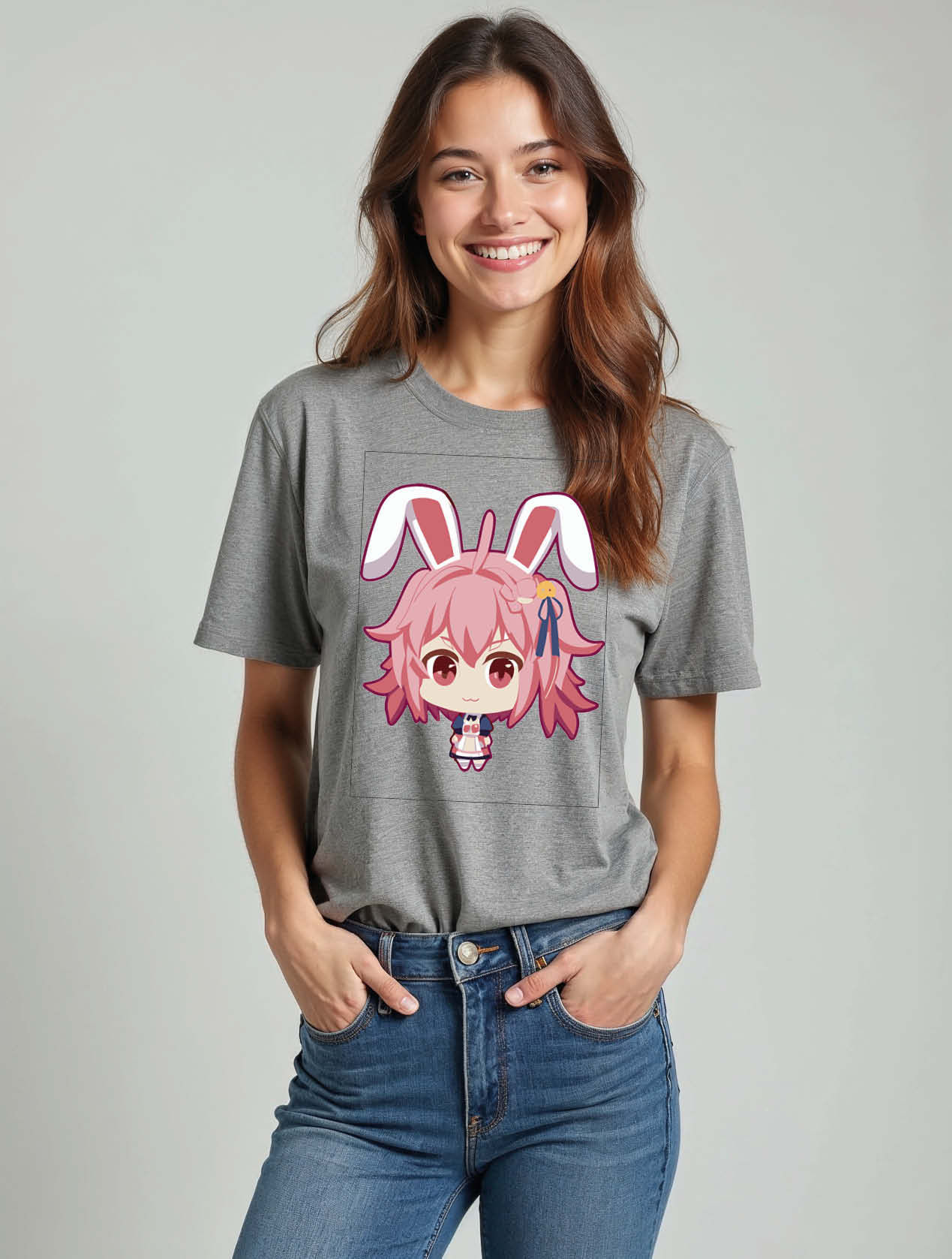 Chibi Anime Girl with Bunny Ears Modern Women’s Graphic T-Shirt – Sale