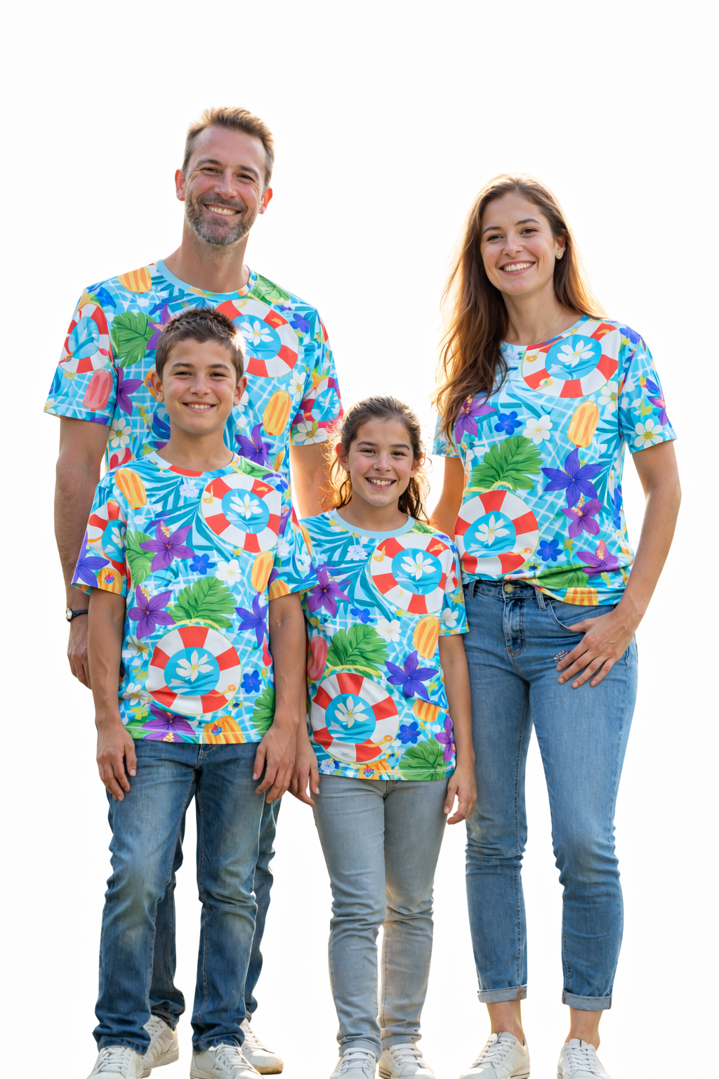 Hawaiian-style family portrait in matching printed tees pack of 4
