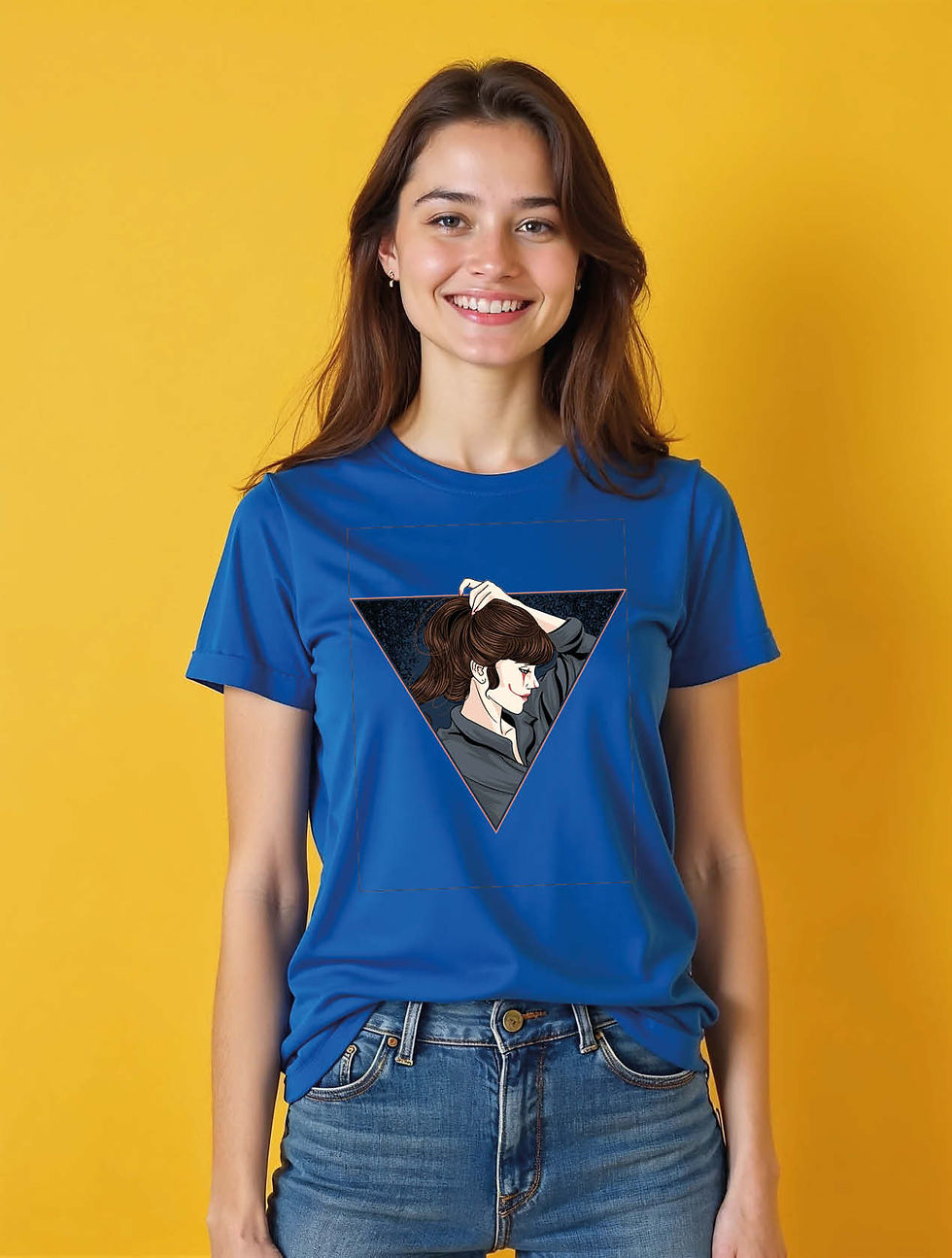Thumbnail: Stylized Graphic of Woman in Triangle Frame Chic Women’s Printed T-Shirt – Shop