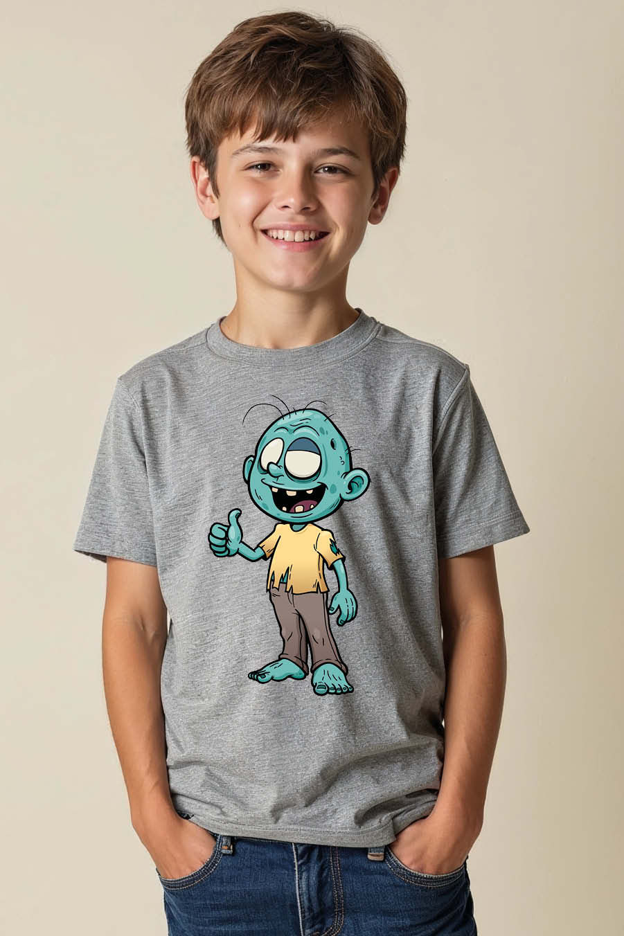 Thumbnail: Kids' Thumbs Up Cartoon Zombie Graphic T-Shirt Soft Stylish Kids Graphic T-Shirt