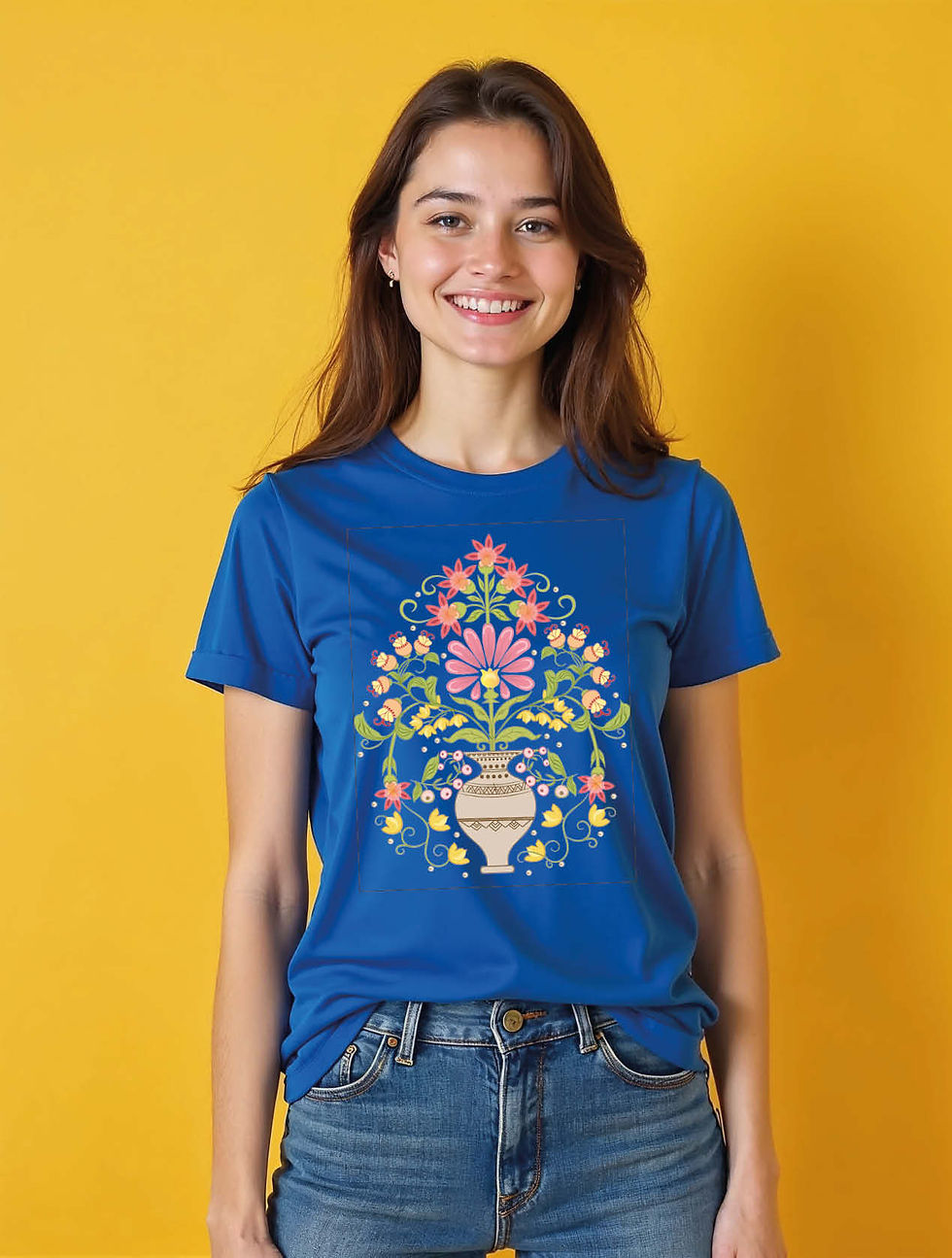 Thumbnail: Embroidered-Look Floral Vase Graphic Modern Women’s Printed T-Shirt – Sale