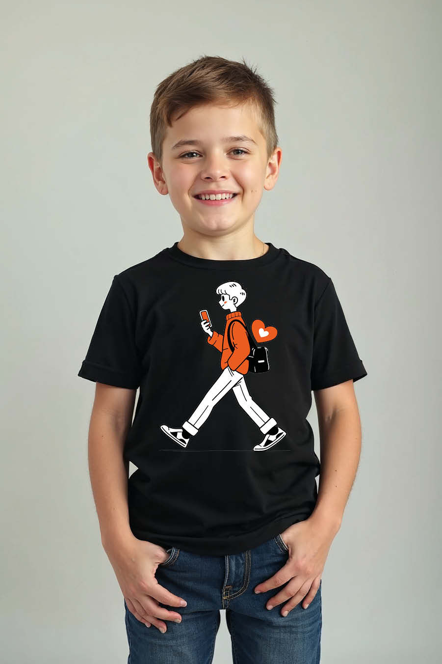 Thumbnail: Trendy Walking Boy Graphic Kids T-Shirt – Cool Casual Tee for Boys & Girls