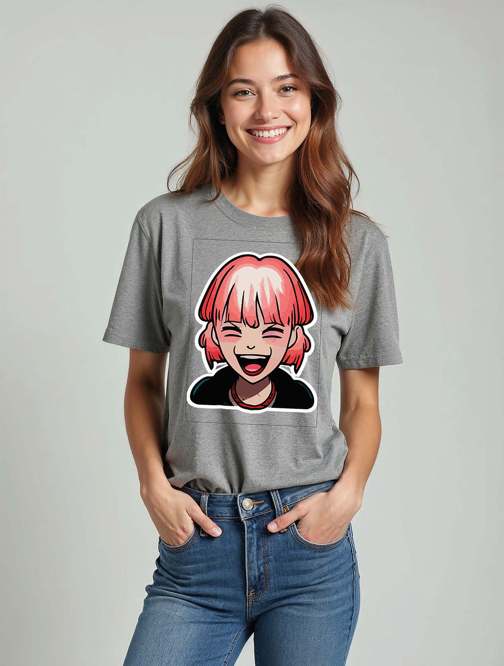 Thumbnail: Happy Pink-Haired Anime Girl Chic Women’s Graphic T-Shirt – Buy Now
