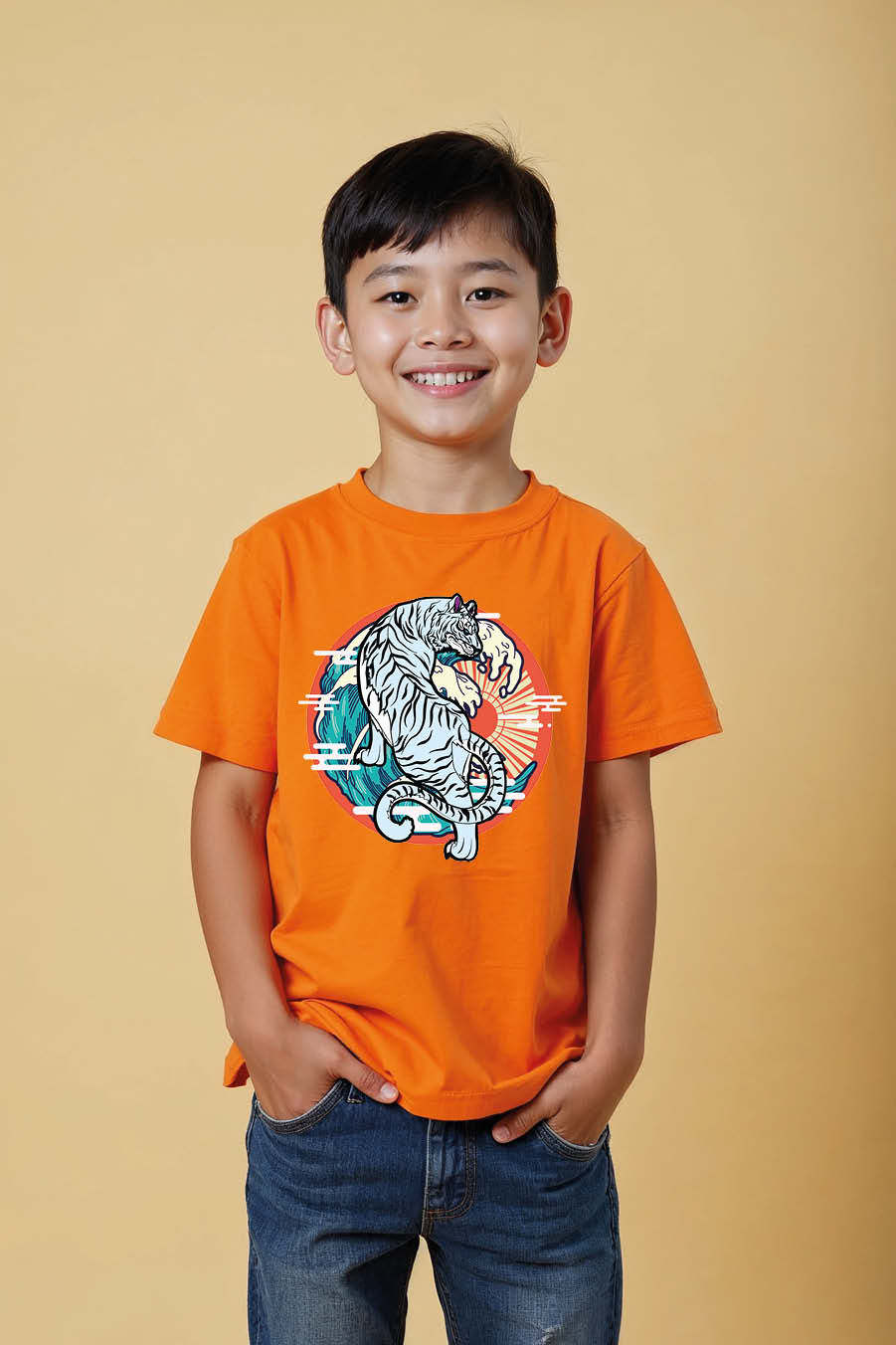 Thumbnail: White Tiger and Sunset Waves Everyday Unisex Kids Graphic Tee – Drawing Print