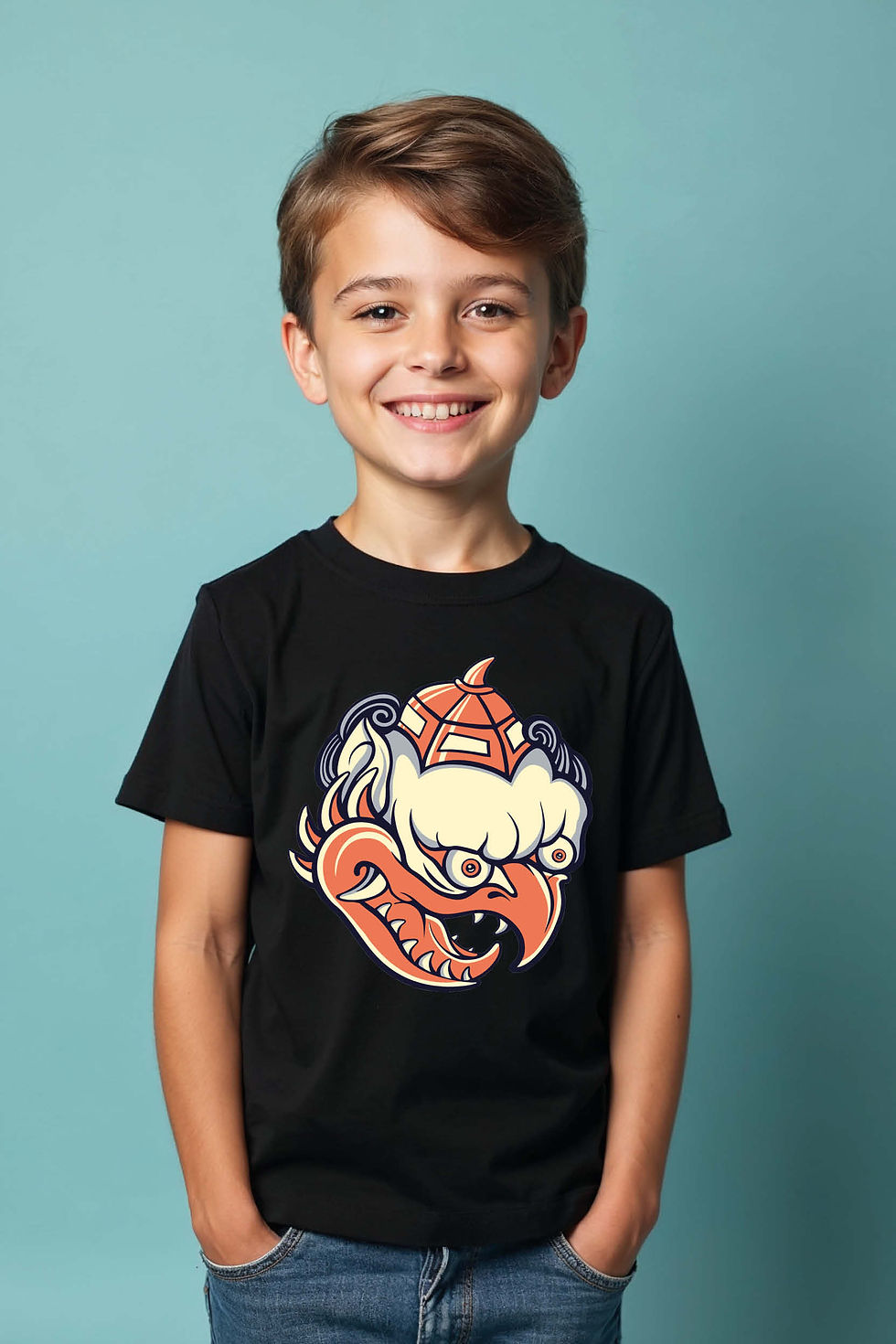 Stylized Japanese Tengu Mask Graphic Tee Modern Typography Print T-Shirt for Kid
