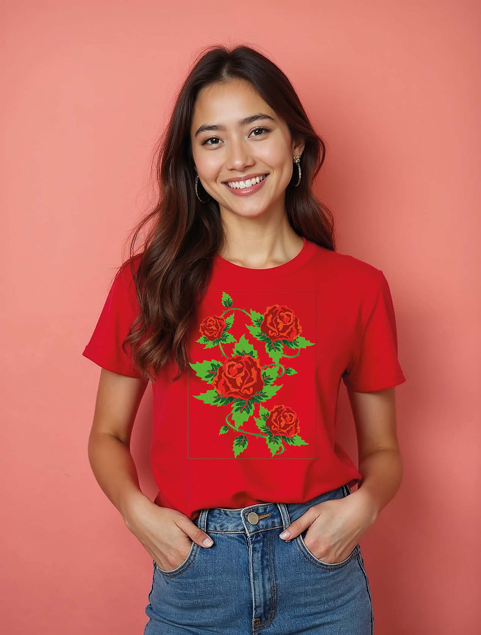 Thumbnail: Cross-Stitch Roses Urban Women’s Printed Graphic Streetwear T-Shirt – Premium