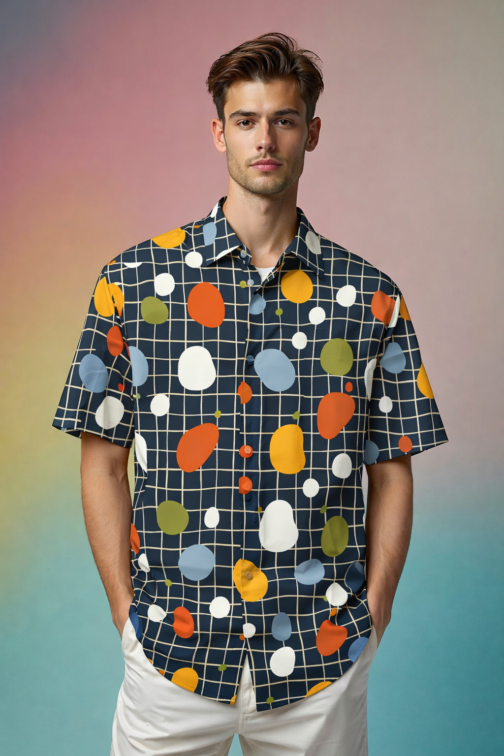 Colorful Doted With Checks Fashion Upgrade Patterned AOP Oversized Shirt