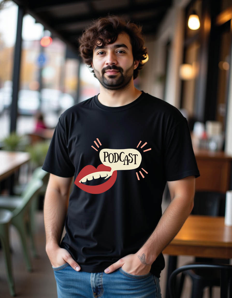 Thumbnail: podcast concept with cartoon mouth message mens printed graphic tshirt