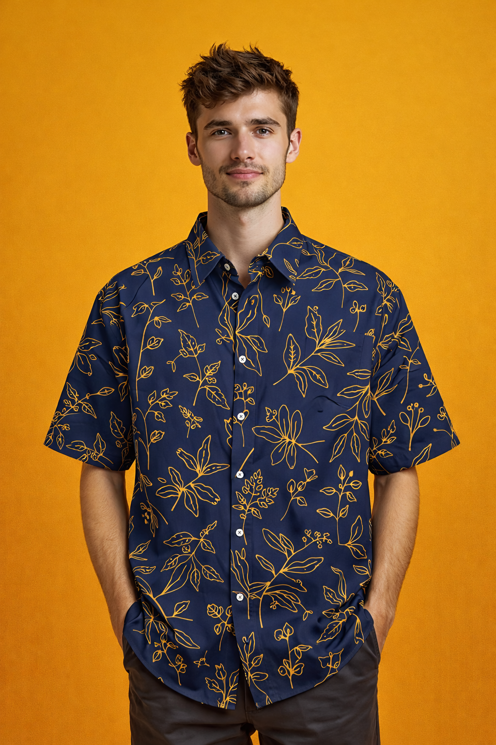 Casual style with golden botanicals High Fashion Patterned Oversized Shirt