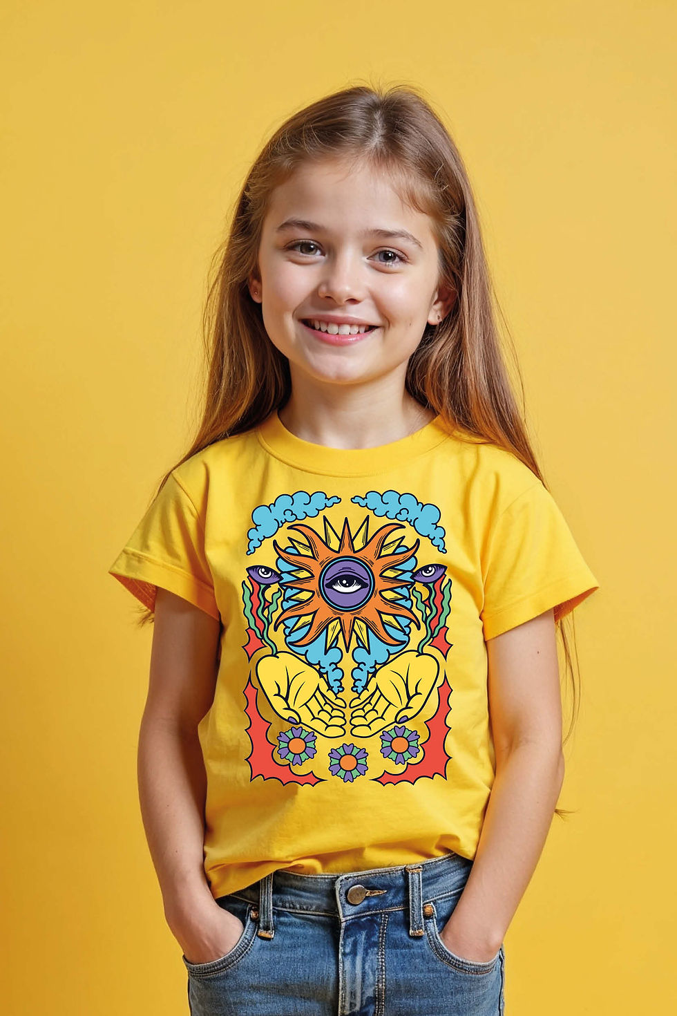 Psychedelic All-Seeing Eye Sun and Hands Graphic Tee Modern Unisex Kids Graphic