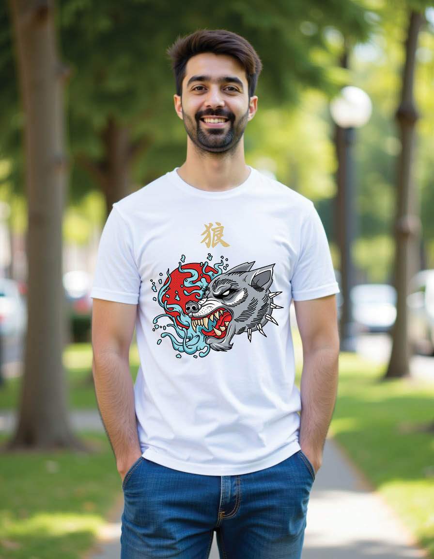 wolf head animal with japanese wave mens printed graphic t shirt