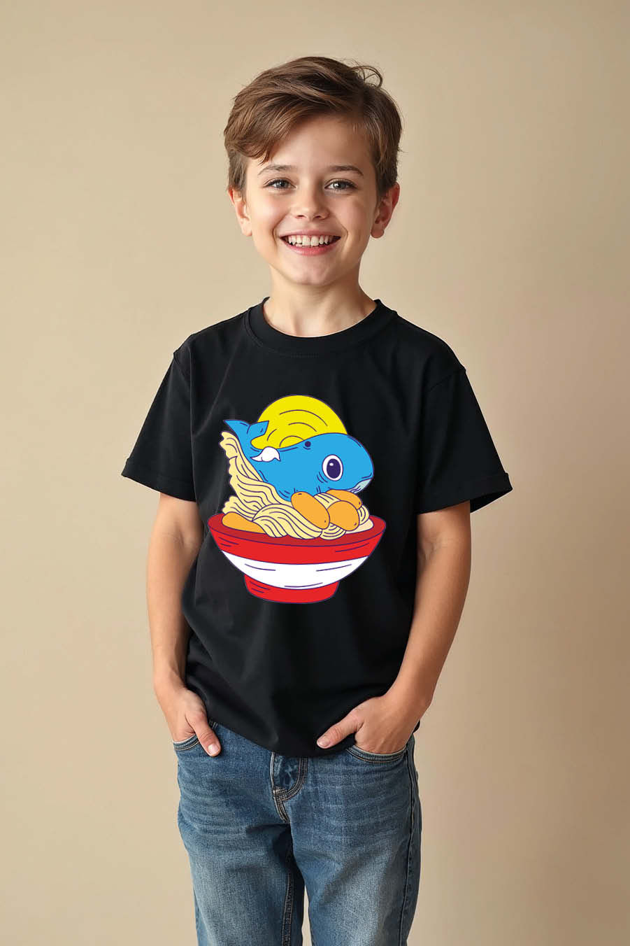 Thumbnail: Kids T-Shirt with Cartoon Blue Whale in a Bowl of Ramen Graphic t shirt