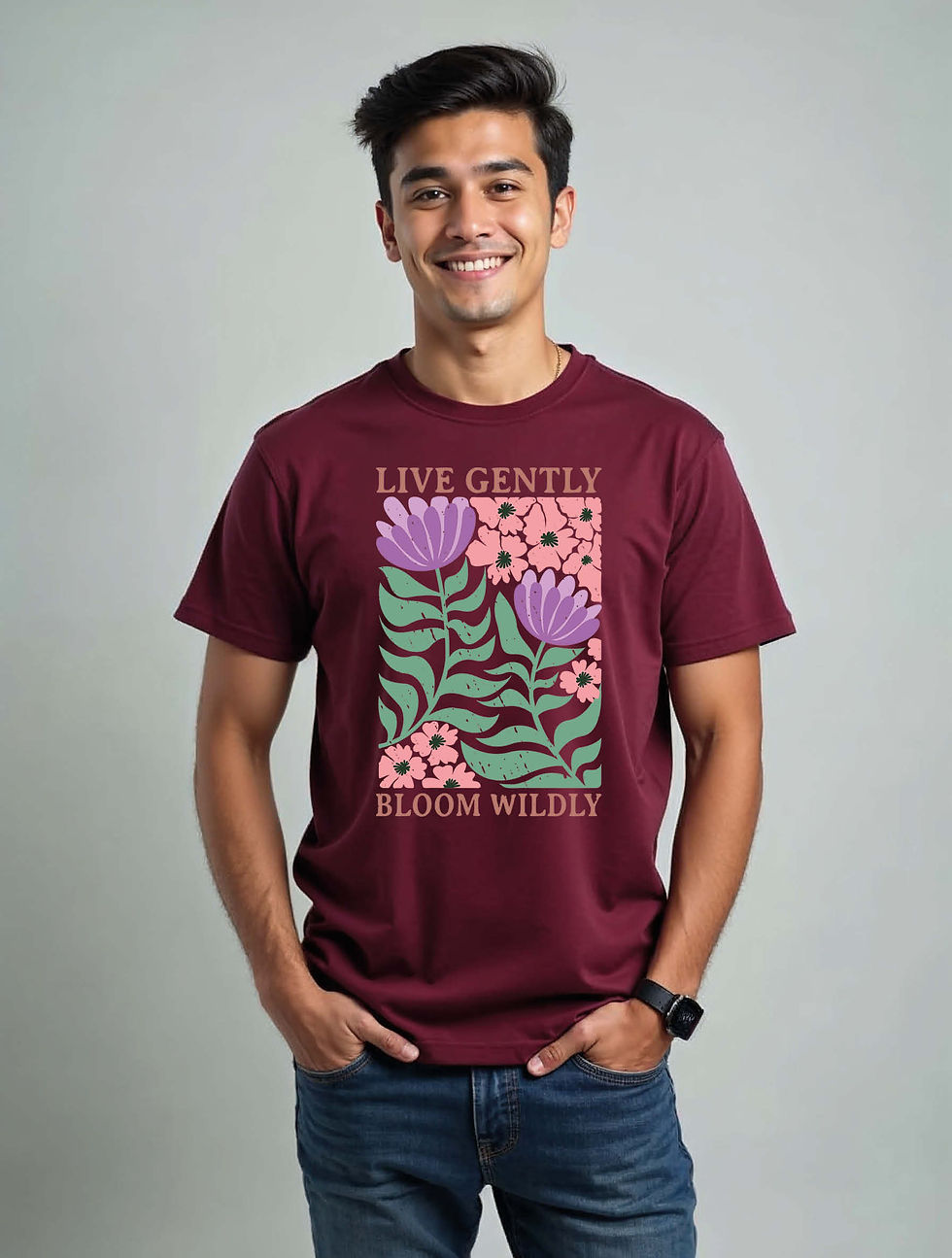 Thumbnail: live gently bloom wildly Unisex Printed Graphic T-Shirt For Mens, Womens & Kids