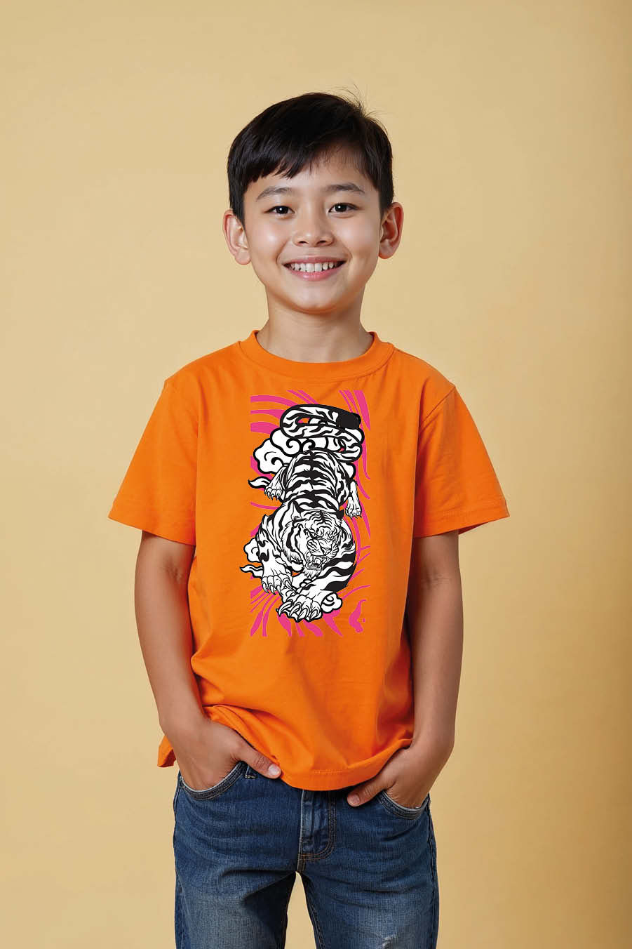 Thumbnail: Kids T-Shirt with Pink and White Tiger Graphic Playful Cute Kids Typography
