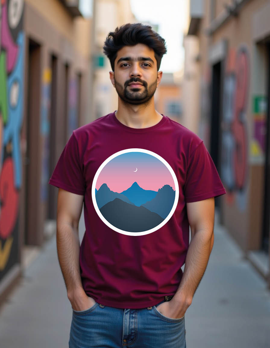 Thumbnail: mountains landscape silhouette dusk time night sky moonmens printedgraphictshirt