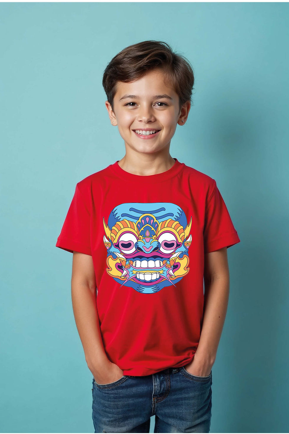 Thumbnail: Neon Blue and Pink Traditional Mask Tee Colorful Kids Printed T-Shirt – Artwork
