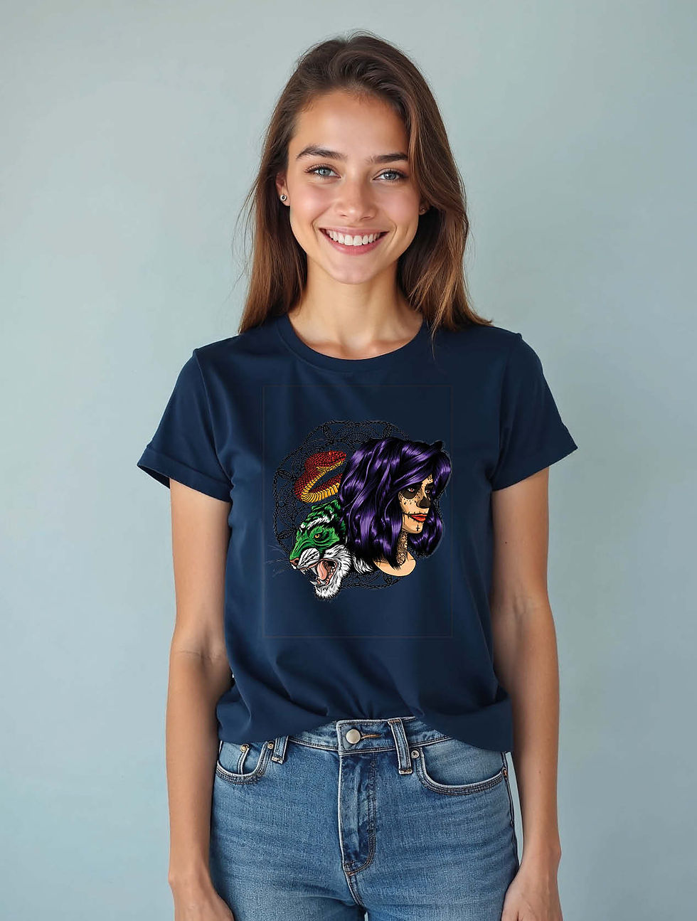 Thumbnail: Calavera and the Tiger Modern Women’s Typography T-Shirt – Premium Quality