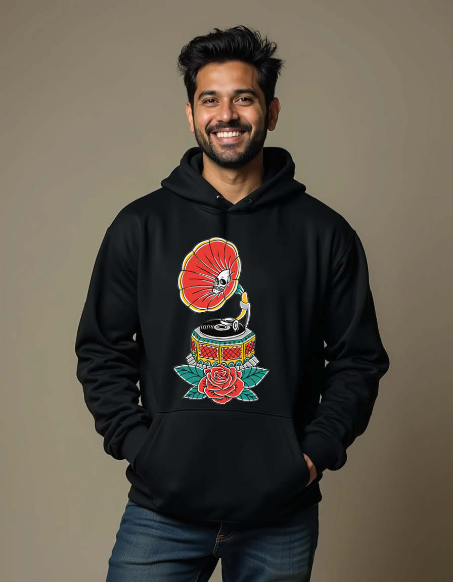 Thumbnail: Vintage Gramophone with Roses Unisex Graphic Printed Hoodies for mens & womens
