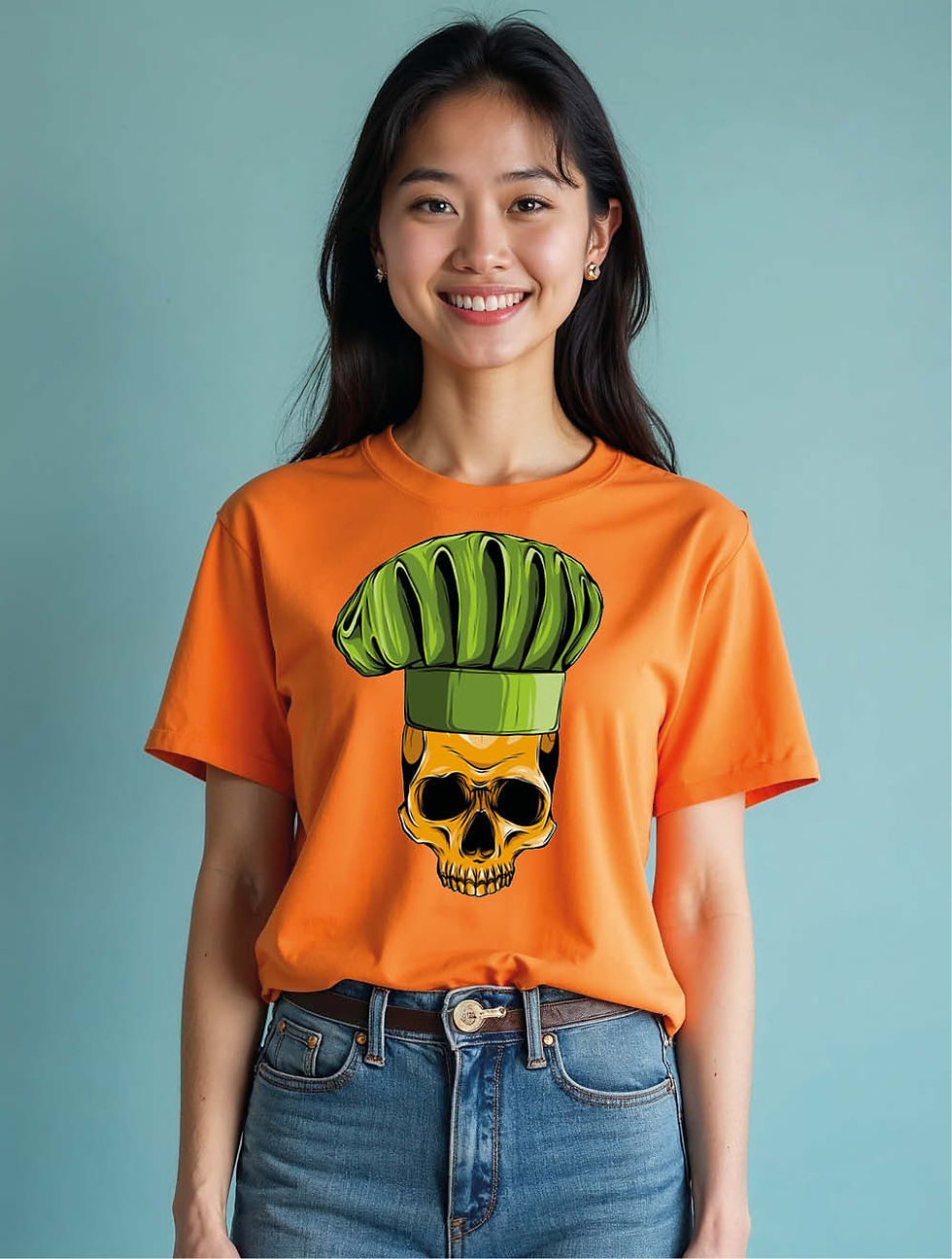 Thumbnail: Golden Skull with Green Chef Hat Trendy Women’s Printed Graphic Streetwear Tees