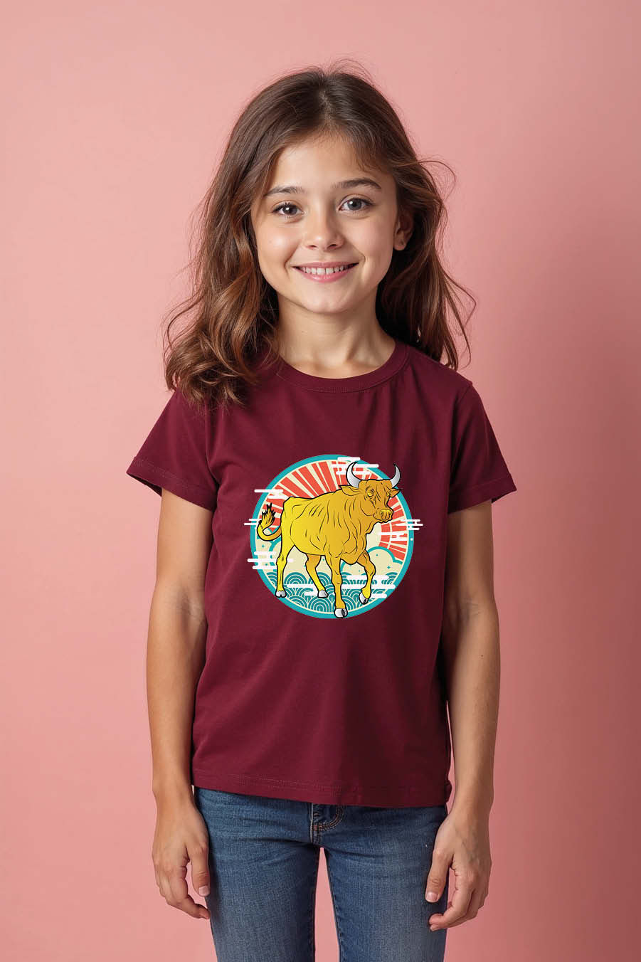 Thumbnail: Bull and Japanese Rising Sun Graphic Comfortable Cool Kids T-Shirt – Design
