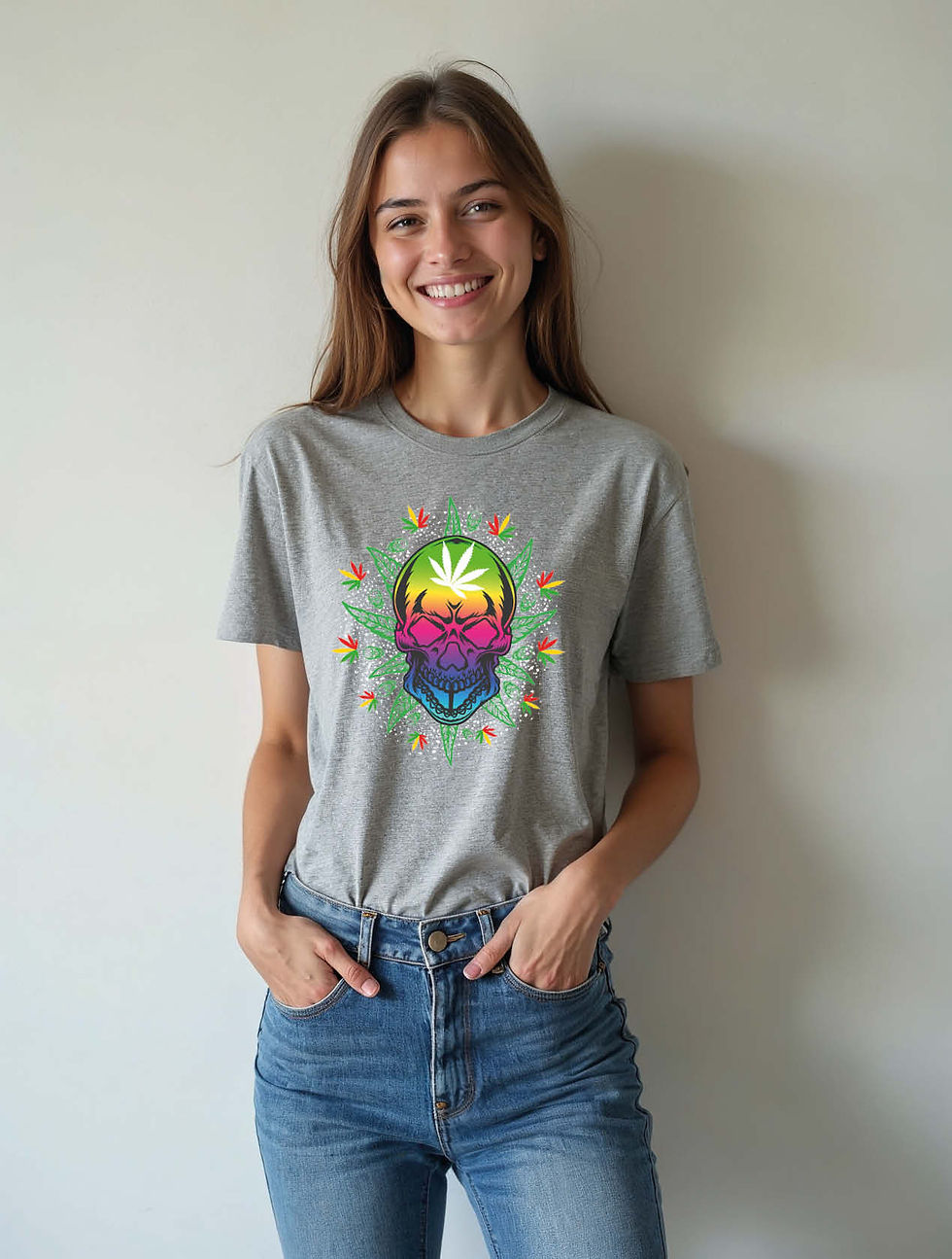 Thumbnail: Rainbow Rasta Weed Skull Modern Women’s Printed Graphic Streetwear T-Shirt