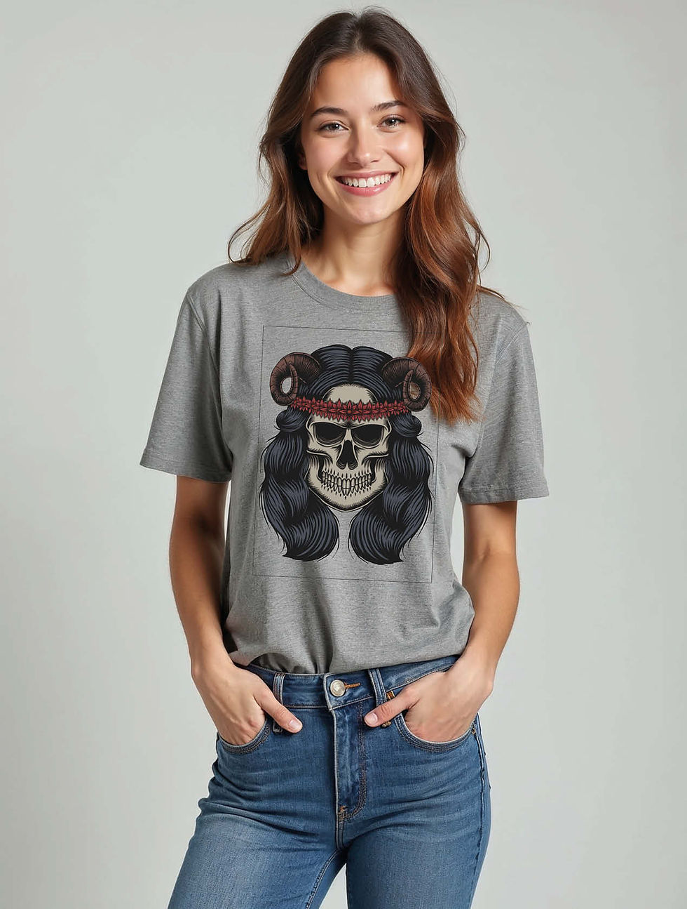 Thumbnail: Gothic Skull with Horns and Hair Cool Women’s Printed Graphic Streetwear T-Shirt