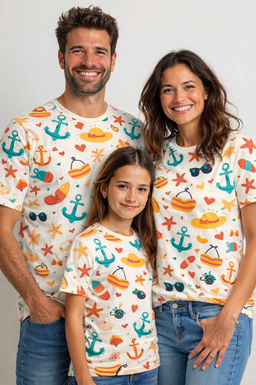 Family matching beach-themed printed T-shirts pack of 3