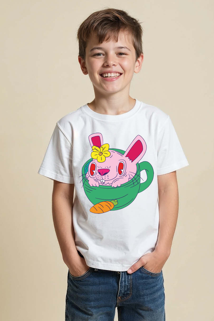 Thumbnail: Rabbit in a Green Teacup Graphic Premium Printed T-Shirt Boys & Girls