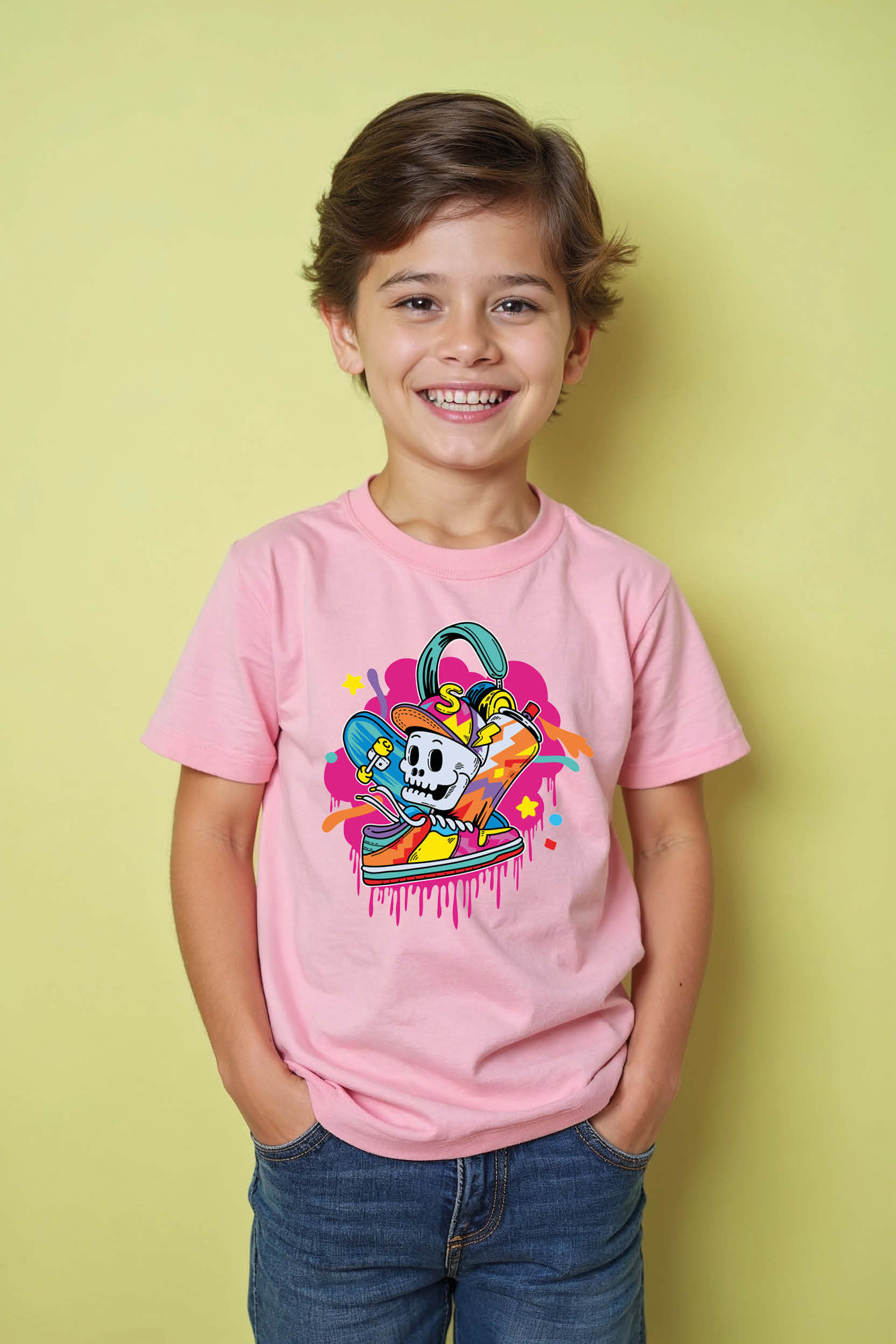 Skater Skeleton Graphic Kids T-Shirt – Cool Street Art Style Tee for Boys & Girl