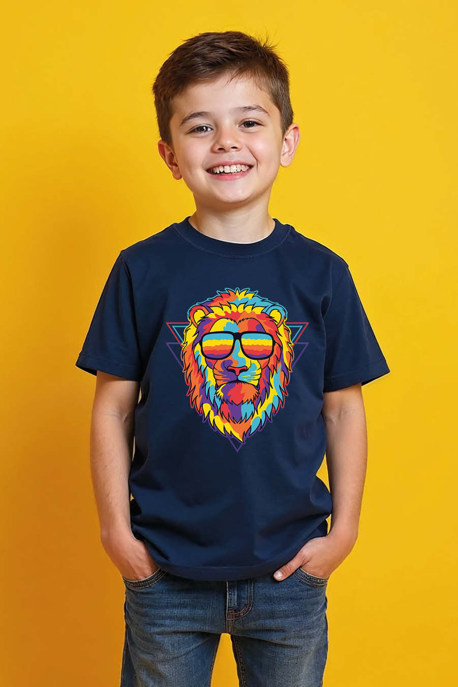 Vibrant Lion Sunglass T-Shirt for Kids – Multicolor Graphic Print | Stylish