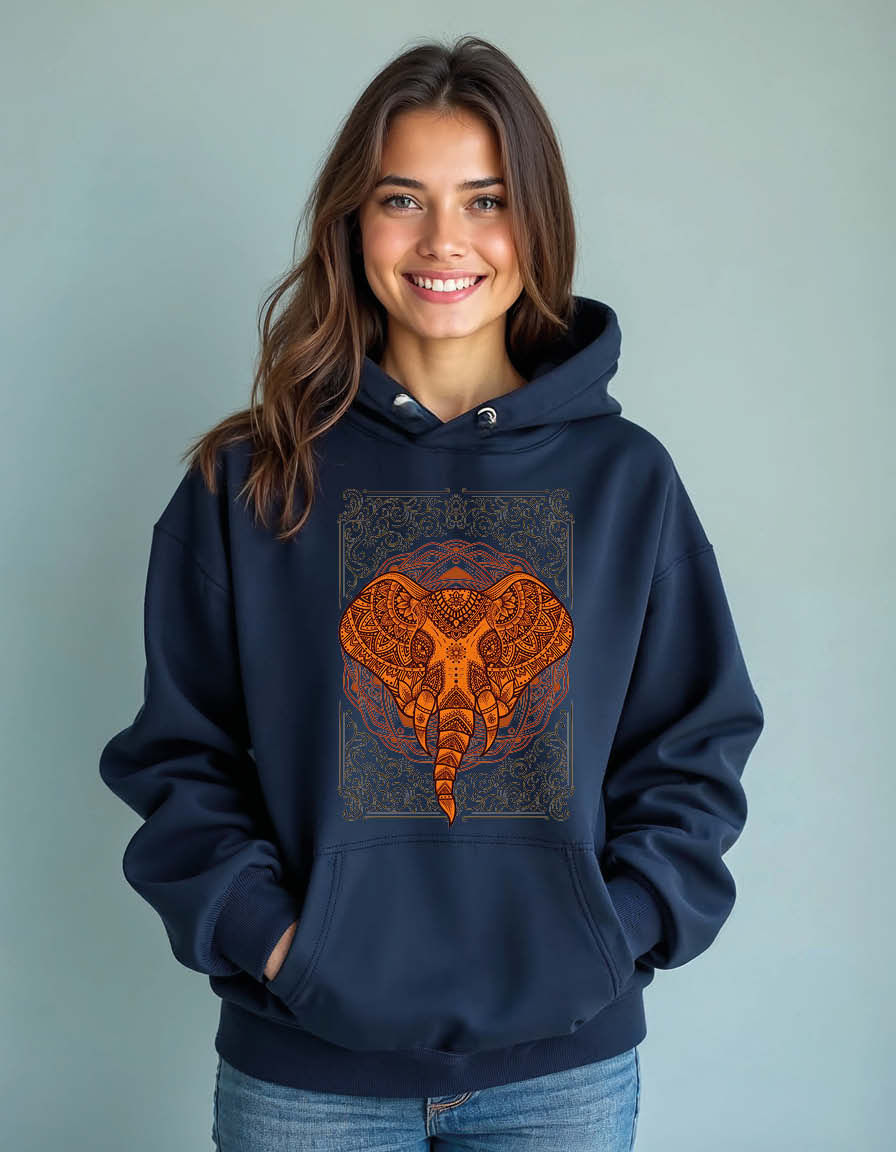 Thumbnail: elephant head tribal style with antique engraving Unisex Graphic Printed Hoodies