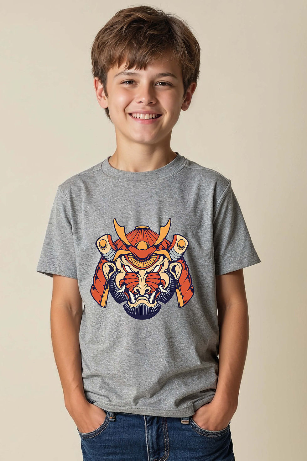 Thumbnail: Fierce Japanese Samurai Mask Kid's T-ShirtModern Trendy Printed Tee for Kids