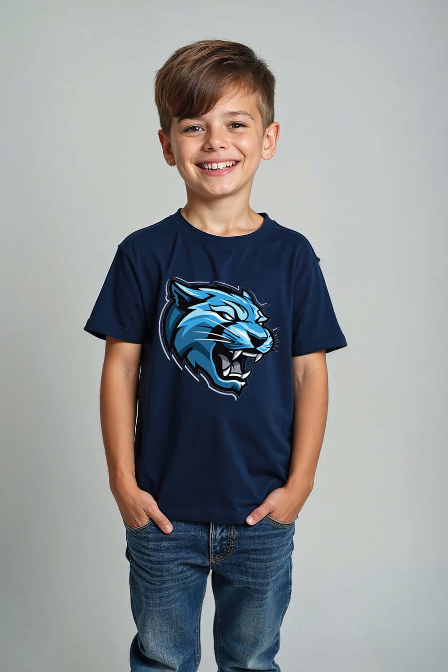 Thumbnail: Fierce Blue Panther Mascot Graphic T-Shirt for Kids Playful Trendy Printed Tee
