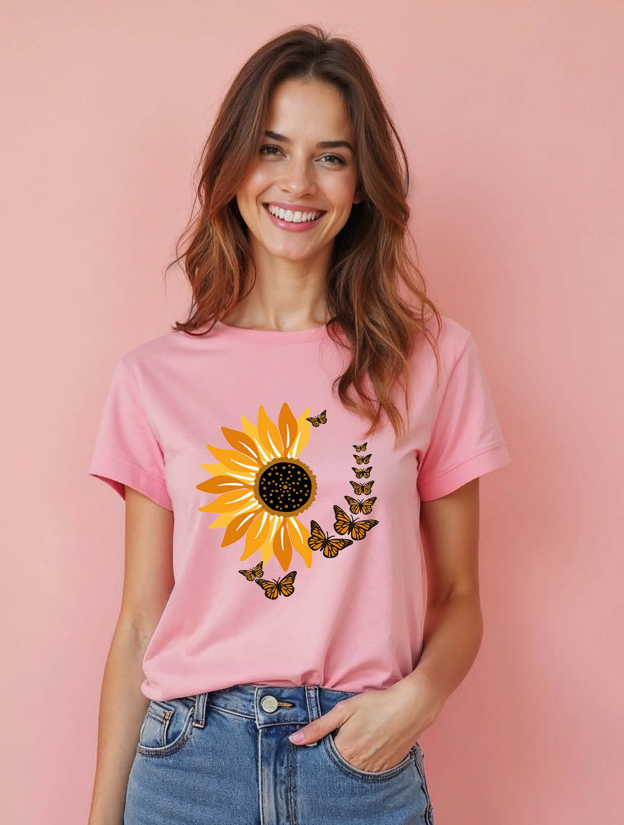 Sunflower and Monarch Butterfly Stylish Women’s Printed Graphic Streetwear Tees
