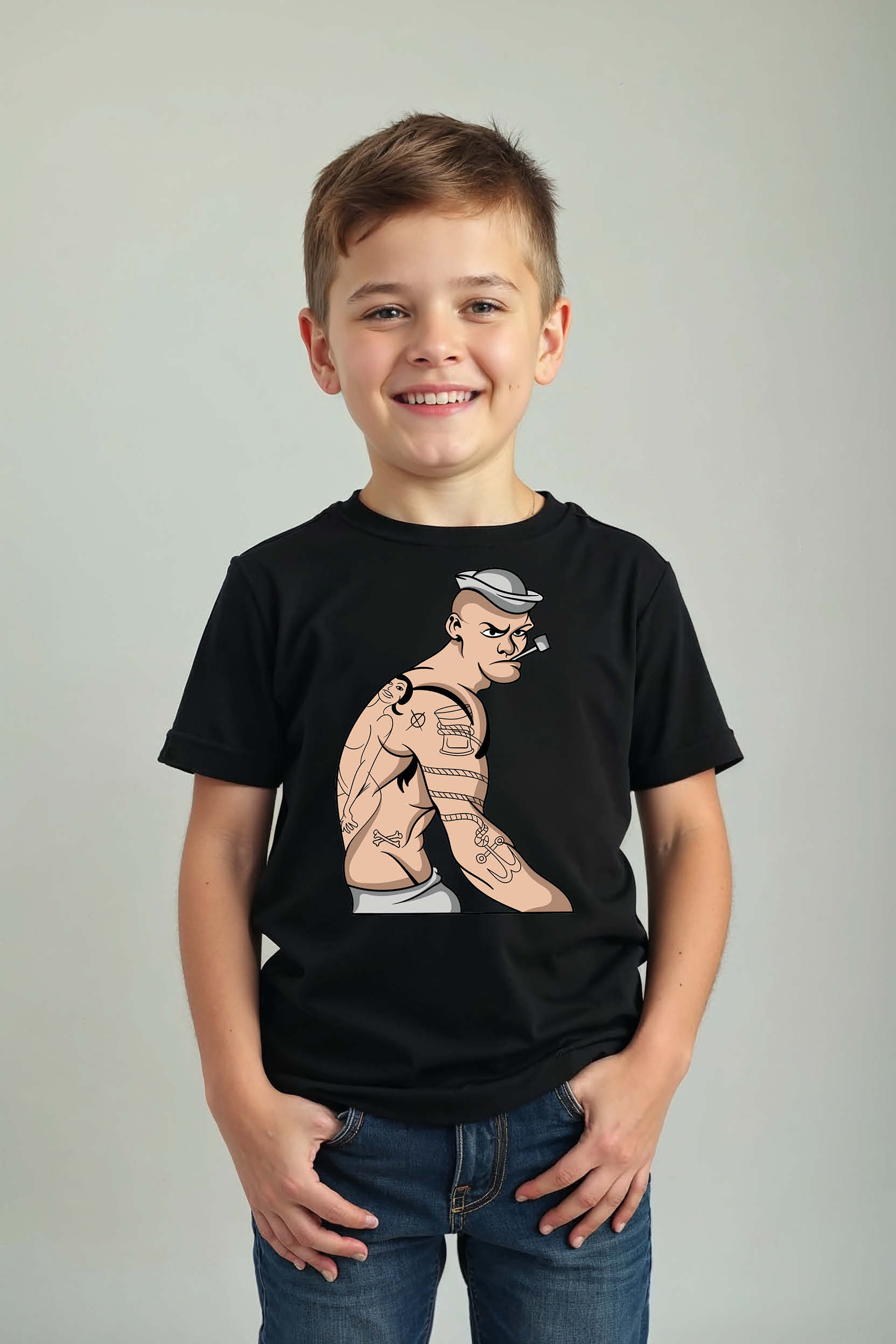 Gritty Sailor Man with Tattoos Colorful Trendy Printed Tee for Kids