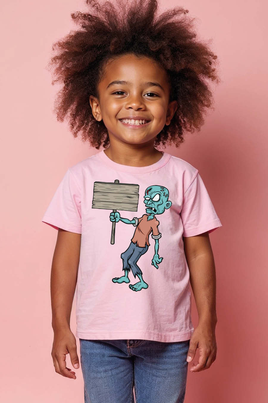 Thumbnail: Cartoon Zombie Holding Blank Sign Graphic T-Shirt Modern Kids Printed T-Shirt