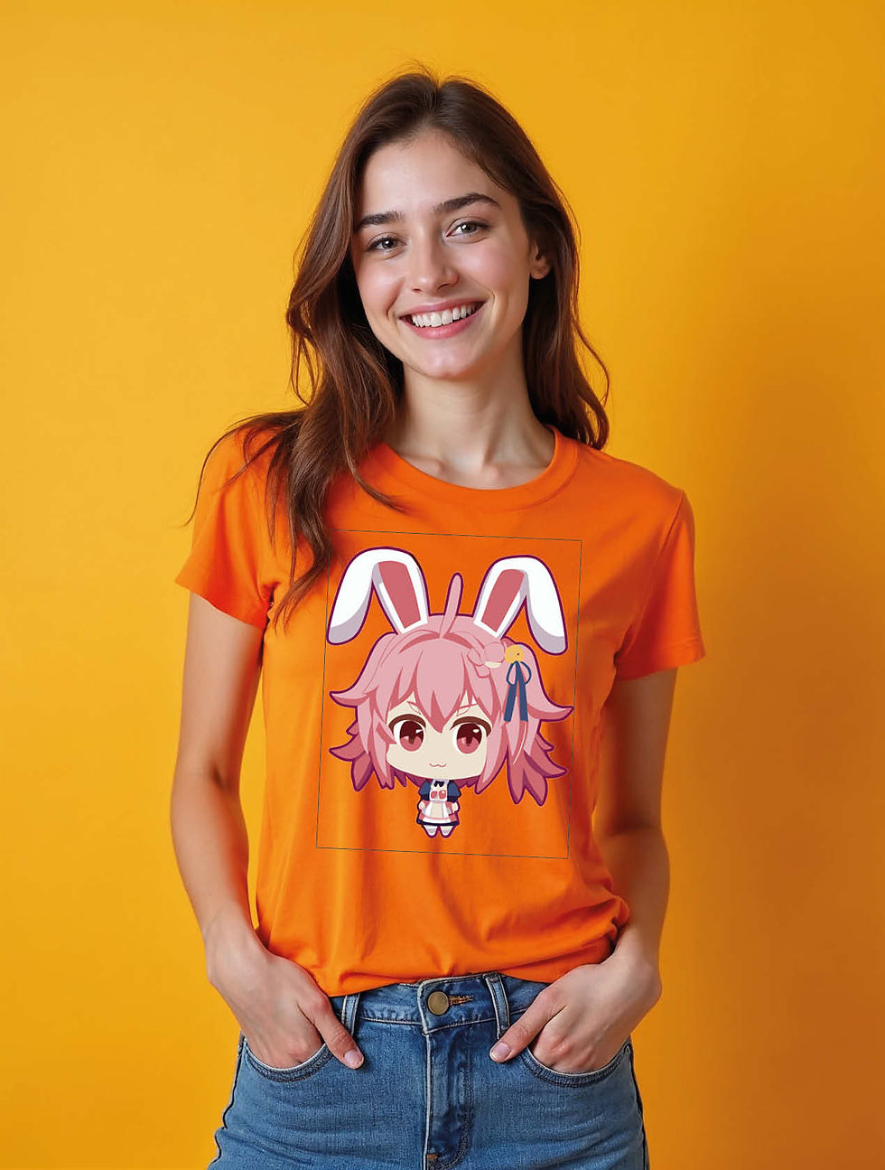 Thumbnail: Chibi Anime Girl with Bunny Ears Modern Women’s Graphic T-Shirt – Sale