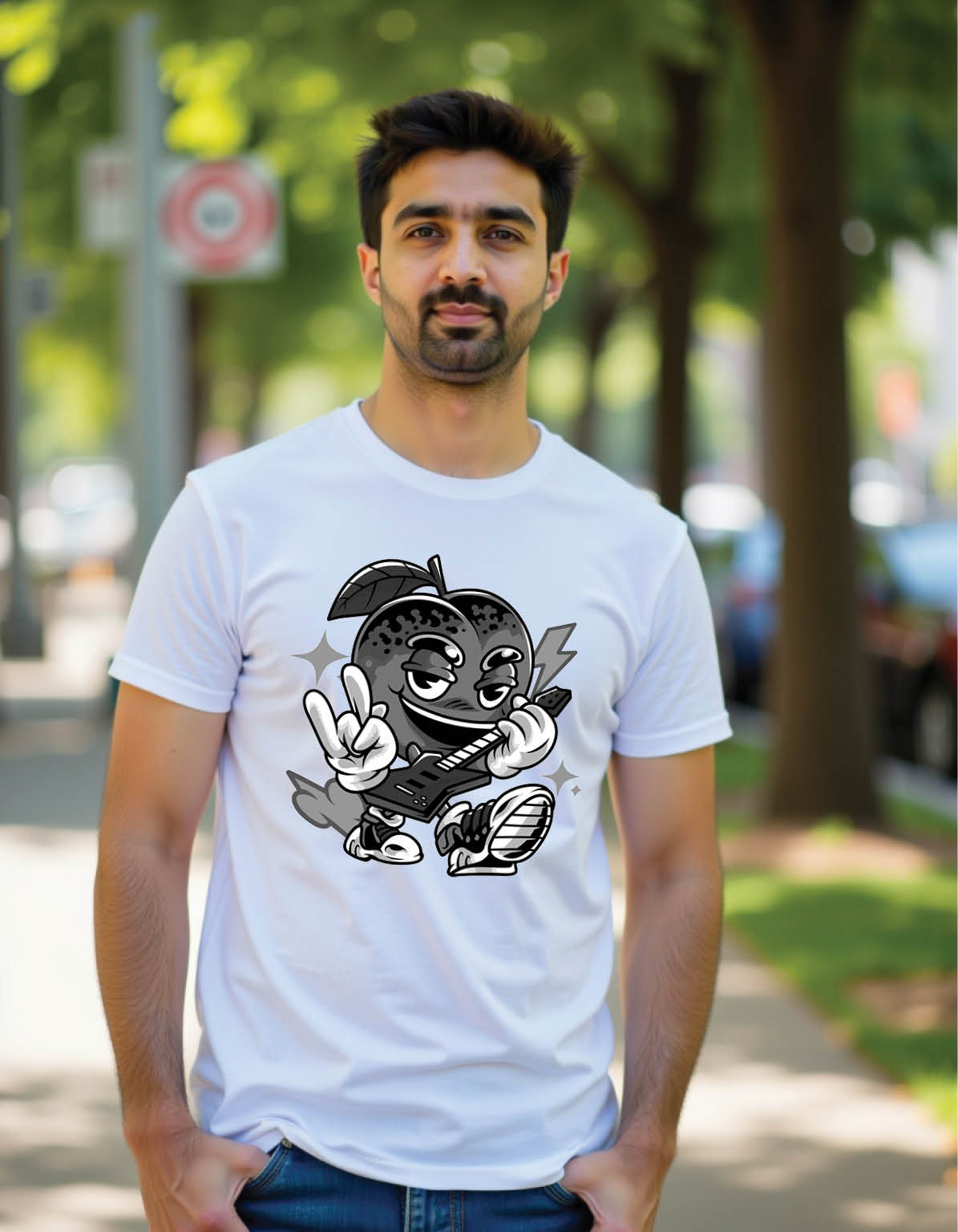 guitar peach retro cartoon black white mens printed graphic t shirts