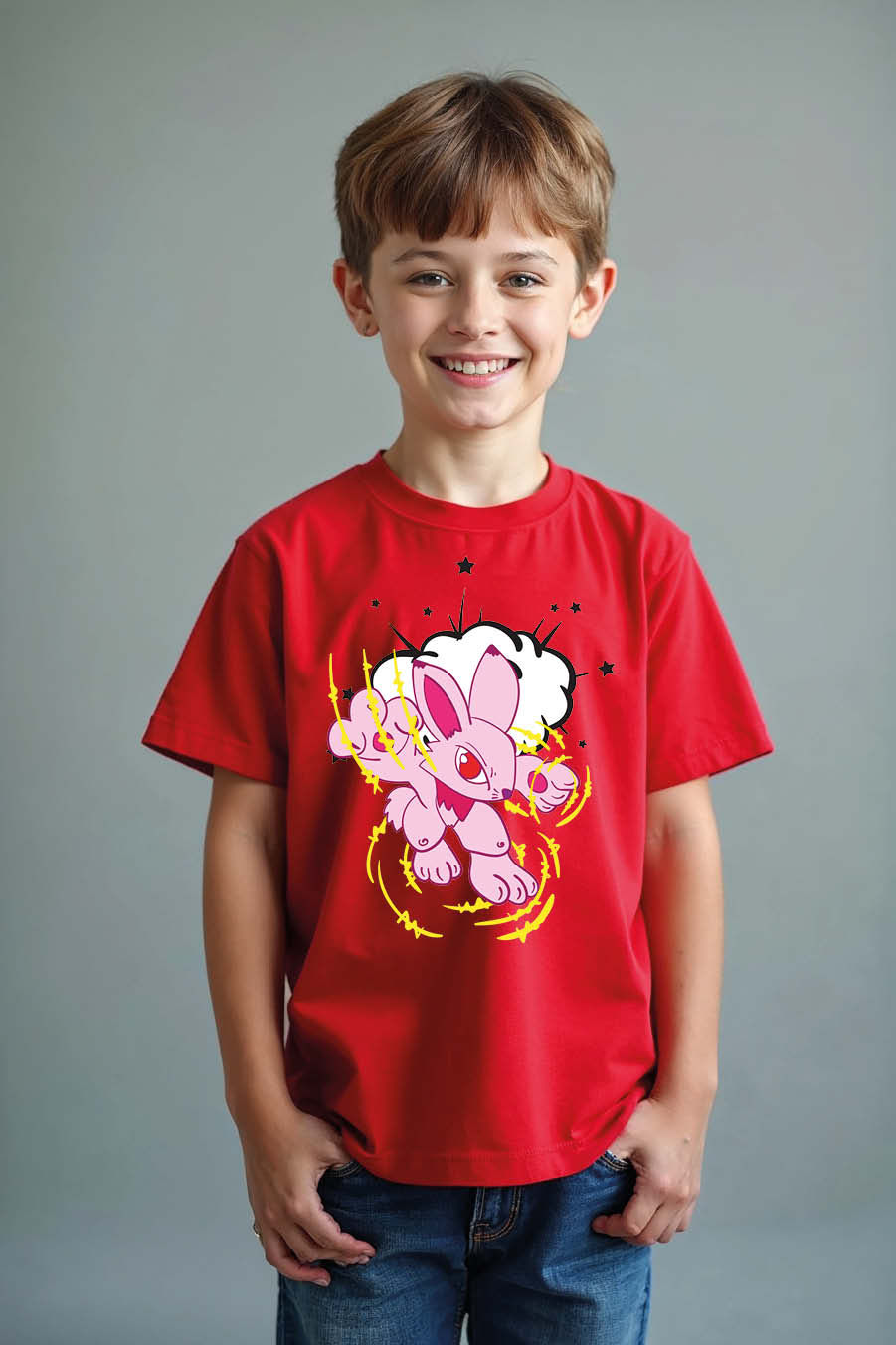 Electric Pink Bunny Cute Unisex Kids Graphic Tee – Graphic Print Design